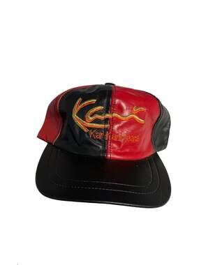 Vintage 90s Karl Kani Jeans Red and Black Two Tone Leather Snapback Hat